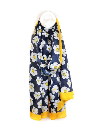 POM Silky Navy Floral Print Scarf with Yellow Border - MMJs Fashion