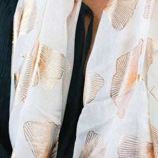 POM White and Rose Gold Ginkgo Print Scarf - MMJs Fashion