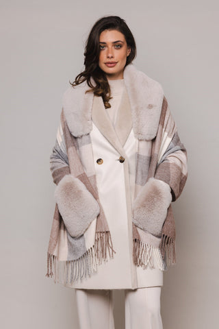 Rino & Pelle Shawl Beige Brown Check with Faux Fur Apollo - MMJs Fashion