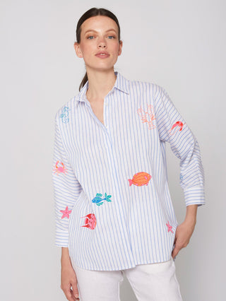 Vilagallo Blue Striped Blouse with Embroidery Louisa - MMJs Fashion