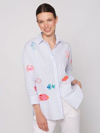 Vilagallo Blue Striped Blouse with Embroidery Louisa - MMJs Fashion