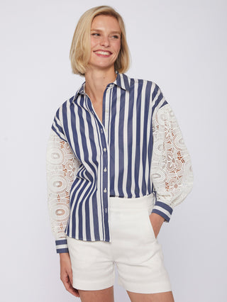 Vilagallo Blue White Stripe Blouse with Lace Sleeves Vernen - MMJs Fashion