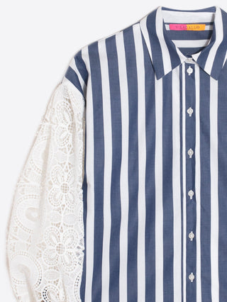 Vilagallo Blue White Stripe Blouse with Lace Sleeves Vernen - MMJs Fashion
