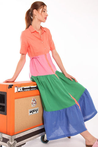 Vilagallo Dress Orange Pink Tiered Linen - MMJs Fashion