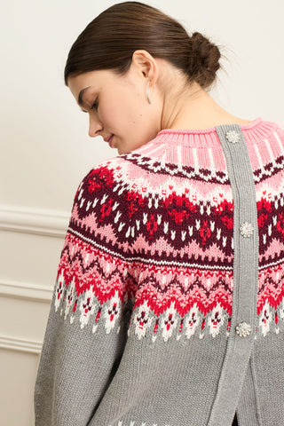 Oui Norwegian Jumper Cardigan Grey Red Pink