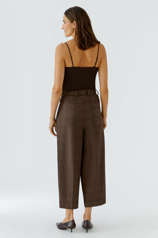 Oui Check Pleat Front Trousers Brown