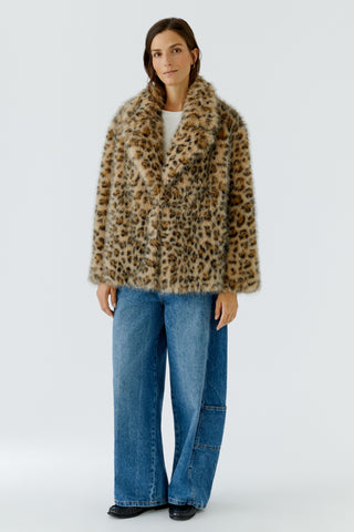 Oui Leopard Print Faux Fur Jacket Grey Beige