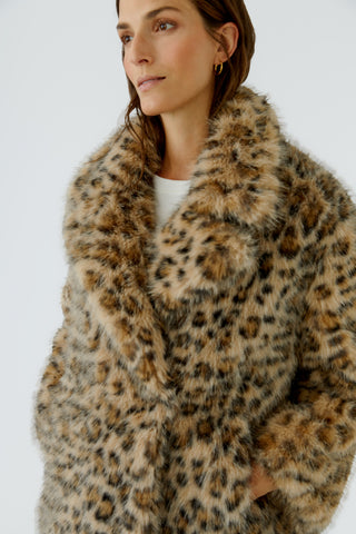 Oui Leopard Print Faux Fur Jacket Grey Beige
