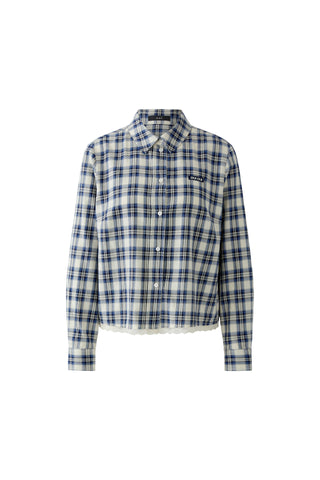 Oui Plaid Lace Trim Blouse Blue White