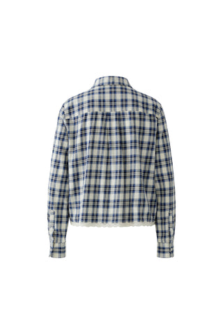 Oui Plaid Lace Trim Blouse Blue White