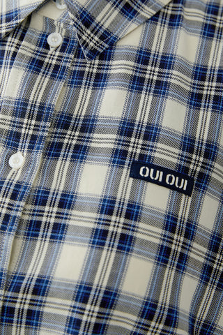 Oui Plaid Lace Trim Blouse Blue White
