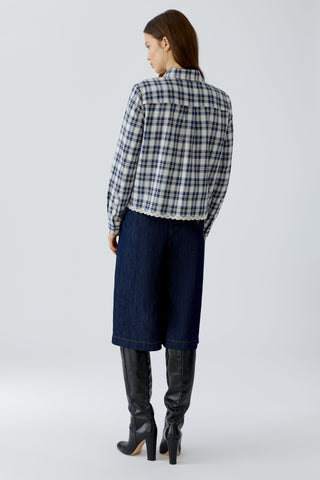 Oui Plaid Lace Trim Blouse Blue White