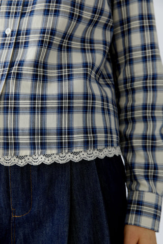 Oui Plaid Lace Trim Blouse Blue White