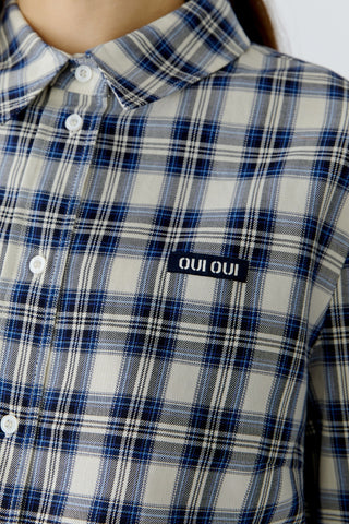 Oui Plaid Lace Trim Blouse Blue White