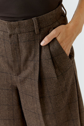 Oui Check Pleat Front Trousers Brown