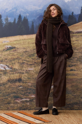 Oui Check Pleat Front Trousers Brown