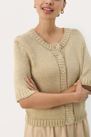 Part Two Short Sleeved Cardigan Beige Metallic Nathelie