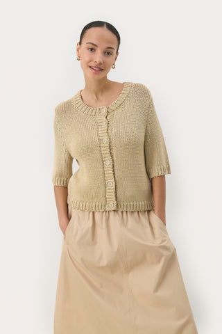 Part Two Short Sleeved Cardigan Beige Metallic Nathelie
