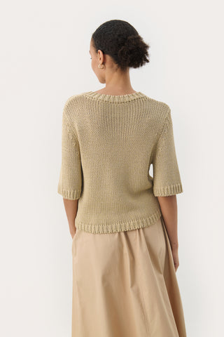 Part Two Short Sleeved Cardigan Beige Metallic Nathelie