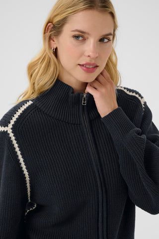 Part Two Funnel Neck Zipped Cardigan Navy Blue Semra