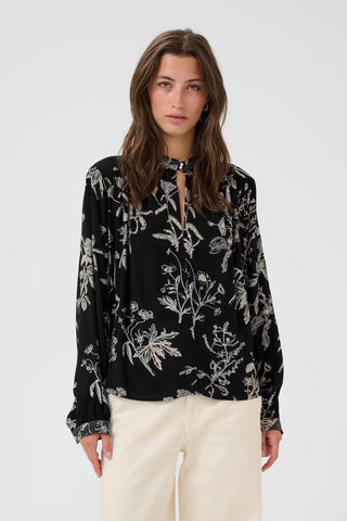 Part Two Keyhole Neck Floral Blouse Black Shiroma