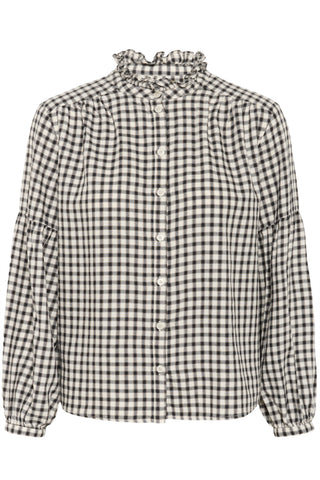 Part Two Checked Frill Neck Blouse Navy Blue Samilla