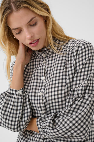 Part Two Checked Frill Neck Blouse Navy Blue Samilla