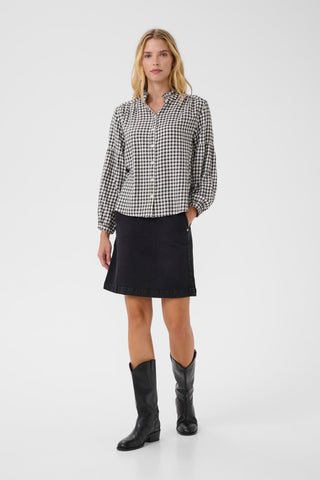 Part Two Checked Frill Neck Blouse Navy Blue Samilla
