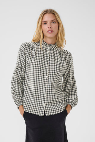 Part Two Checked Frill Neck Blouse Navy Blue Samilla