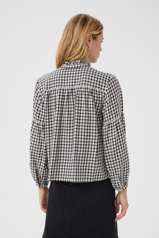 Part Two Checked Frill Neck Blouse Navy Blue Samilla