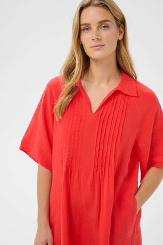 Part Two Linen Short Sleeve Dress Red Ayla