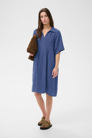 Part Two Linen Short Sleeve Dress Blue Ayla