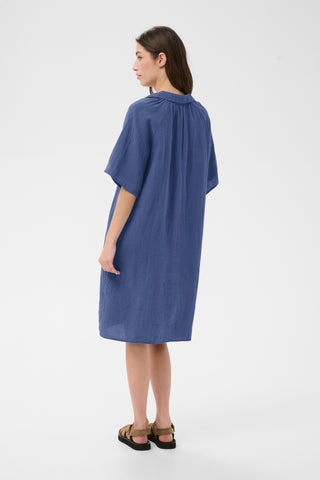 Part Two Linen Short Sleeve Dress Blue Ayla