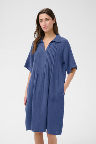 Part Two Linen Short Sleeve Dress Blue Ayla
