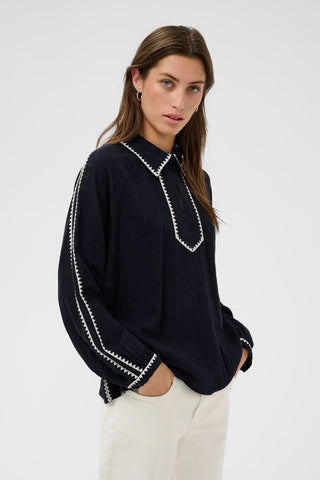 Part Two Contrast Trim Blouse Navy Blue Aimy