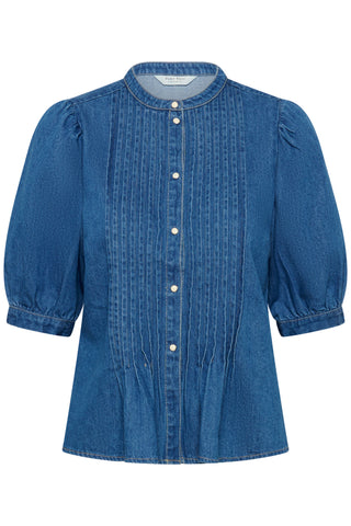 Part Two Pleated Placket Denim Blouse Blue Alesia