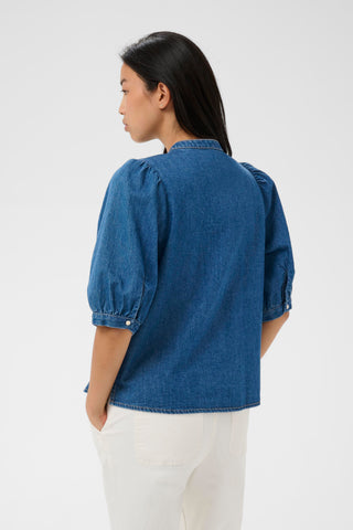 Part Two Pleated Placket Denim Blouse Blue Alesia