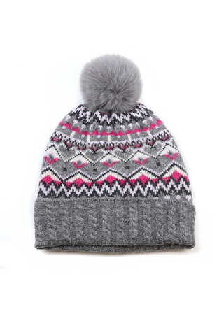 POM Fair Isle Bobble Hat Grey Pink