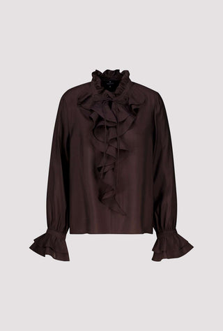 Monari Stand Up Collar Ruffle Blouse Brown