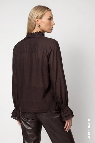 Monari Stand Up Collar Ruffle Blouse Brown