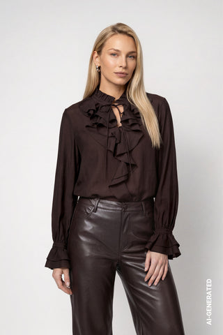 Monari Stand Up Collar Ruffle Blouse Brown
