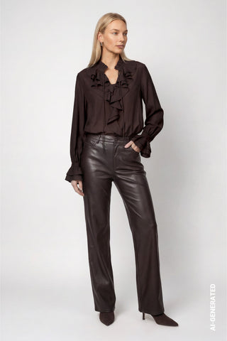 Monari Stand Up Collar Ruffle Blouse Brown