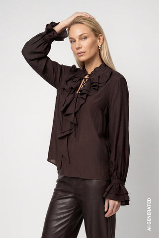Monari Stand Up Collar Ruffle Blouse Brown