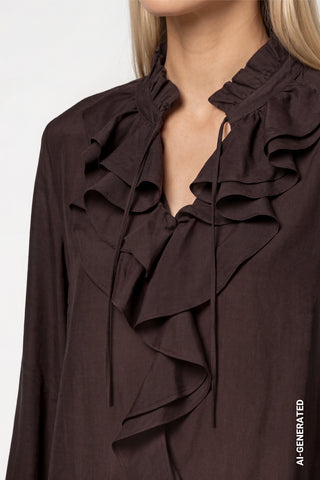Monari Stand Up Collar Ruffle Blouse Brown