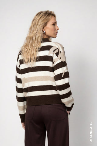 Monari Stripes and Flower Jumper Brown Beige