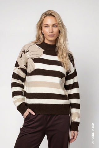 Monari Stripes and Flower Jumper Brown Beige