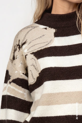 Monari Stripes and Flower Jumper Brown Beige