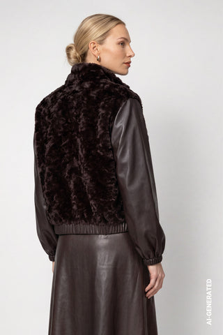 Monari Faux Fur and Leatherette Jacket Dark Brown
