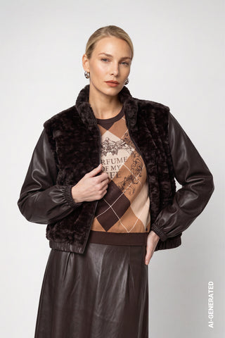 Monari Faux Fur and Leatherette Jacket Dark Brown
