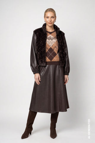 Monari Faux Fur and Leatherette Jacket Dark Brown